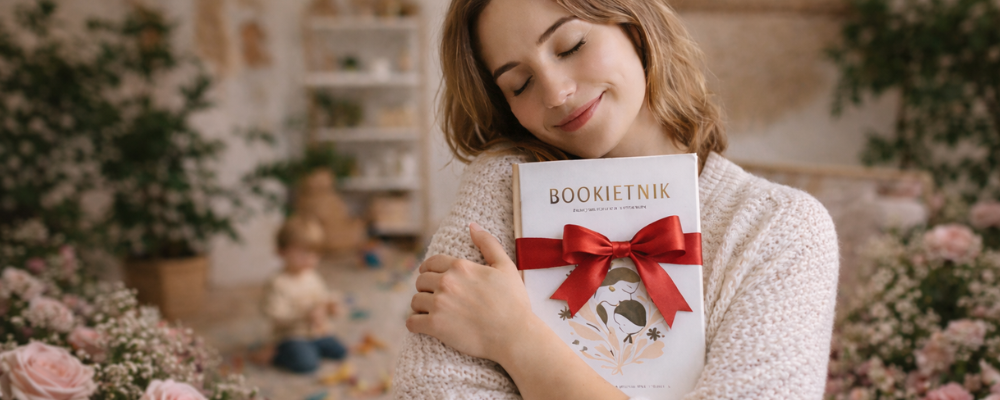 Idealny prezent dla młodej mamy – kobieta przytulająca pamiętnik Bookietnik z czerwoną kokardą