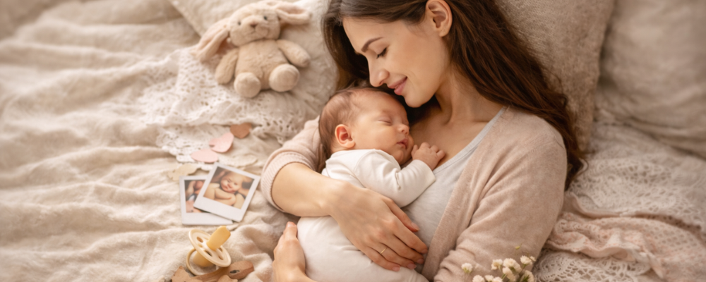 Młoda mama przytulająca śpiącego noworodka – chwila macierzyństwa i bliskości